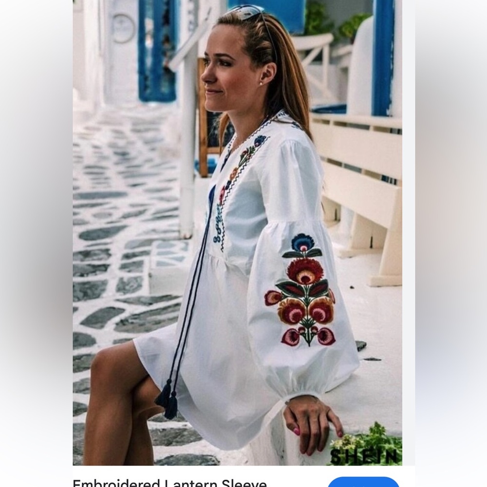 Embroidered Long Sleeve White Dress - Picture 2 of 11